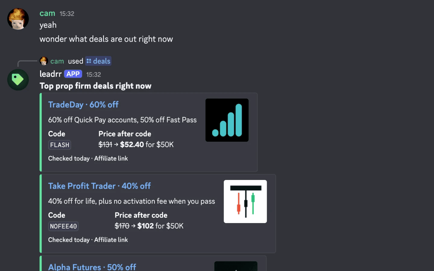 The leadrr bot answering /deals in a Discord server with TradeDay and Take Profit Trader codes