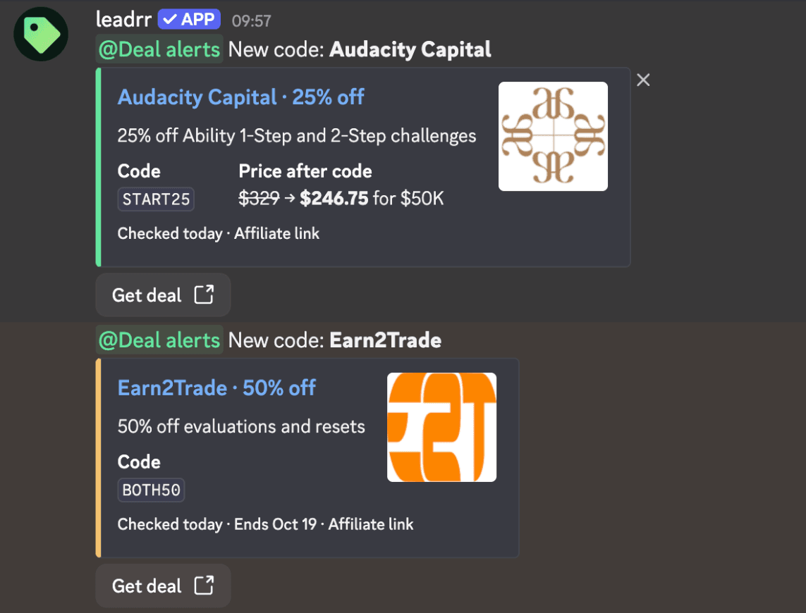 The leadrr daily deals feed posting new codes for Audacity Capital and Earn2Trade, with the price after the code