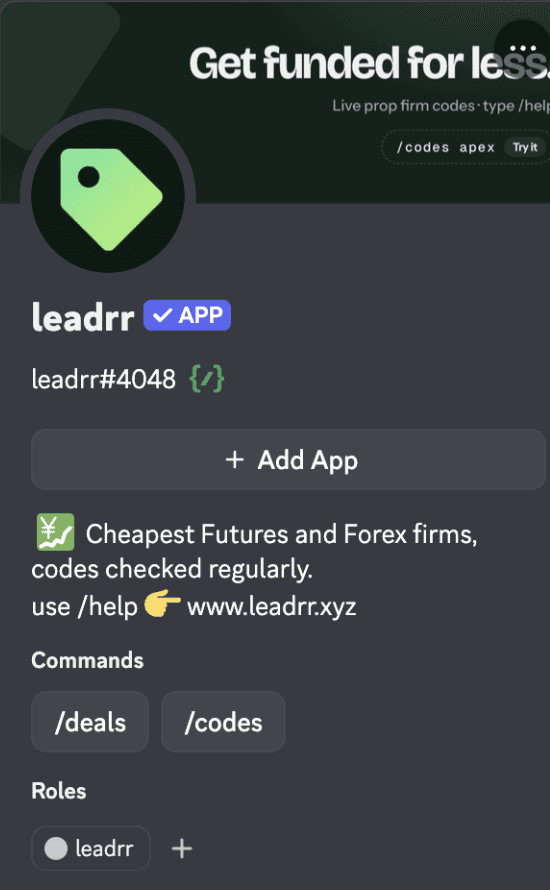 The leadrr bot's Discord profile, with an Add App button